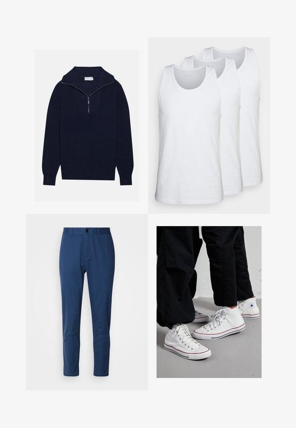 Maglione a maglia blu navy con colletto a mezza zip, caratterizzato da una texture a coste e un design a forma di V nella parte anteriore. Maniche lunghe e orlo aderente.; Pacco di tre canottiere bianche in cotone, con scollatura rotonda e design senza maniche, superficie liscia e vestibilità standard.; Pantaloni in cotone blu navy con una texture liscia, taglio dritto e chiusura con bottone in vita. Senza motivi visibili o accessori.; Sneakers alte in tela bianca con suola in gomma, dotate di occhielli in argento e strisce rosse e blu lungo la suola.