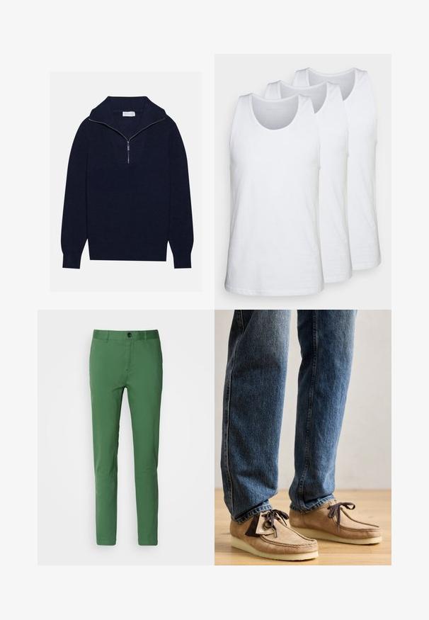 Maglione a maglia blu navy con colletto a mezza zip, caratterizzato da una texture a coste e un design a forma di V nella parte anteriore. Maniche lunghe e orlo aderente.; Pacco di tre canottiere bianche in cotone, con scollatura rotonda e design senza maniche, superficie liscia e vestibilità standard.; Pantaloni verdi slim-fit realizzati in tessuto misto cotone, con chiusura a bottone classica, tasche laterali e una superficie liscia.; Mocassini in suede color nocciola con accenti marrone scuro, punta arrotondata e suola bianca morbida. Presenta un design con lacci e dettagli cuciti.