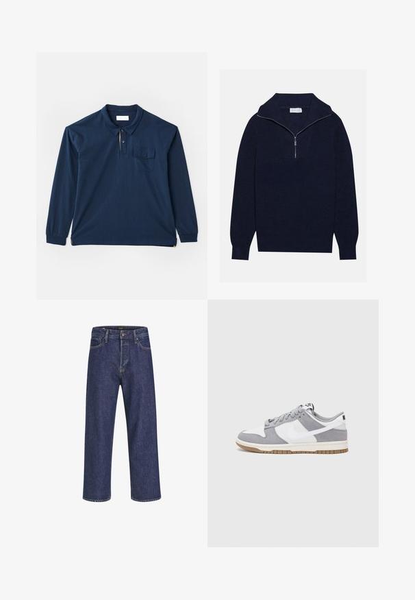 Suéter de malha azul-marinho com colarinho de meia zip, apresentando textura canelada e um design em forma de V na parte da frente. Mangas longas e bainha ajustada.; Polo de manga longa azul-marinho feito de algodão. Apresenta uma gola com três botões, um bolso no peito e uma fenda lateral na bainha. Textura suave.; Jeans de ganga azul escuro com corte reto, design de cinco bolsos, fecho com botão metálico e costura em contraste, apresentando uma textura subtil.; Sapatilha cinza e branca com um cabedal em camurça e couro, biqueira arredondada, atacadores planos e sola de borracha com um detalhe em boracha.