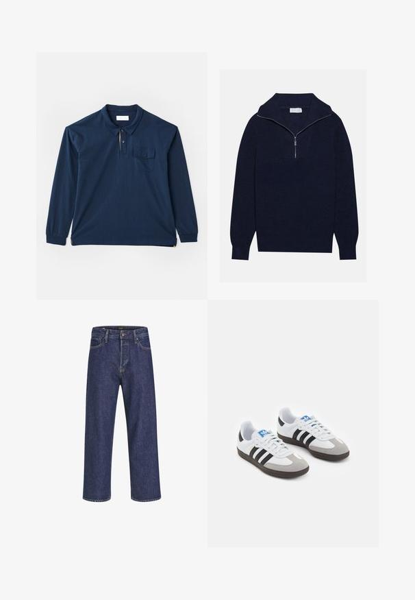 Mørkeblå striktrøje med halvlukket krave, med ripet tekstur og et V-formet design på forsiden. Lange ærmer og tætsiddende kanten.; Marine langærmet polo shirt lavet af bomuld. Har en tre-knaps placket, en brystlomme og en sideslids ved nederkanten. Glat tekstur.; Mørkeblå denimjeans med lige snit, fem-lomme design, metalknaplukning og kontrasterende syninger, der har en subtil tekstur.; Sportsko med en overdel i hvid læder, grå ruskind på tåen og tre sorte striber. Har et blåt logo på tungen og en struktureret gummisål.