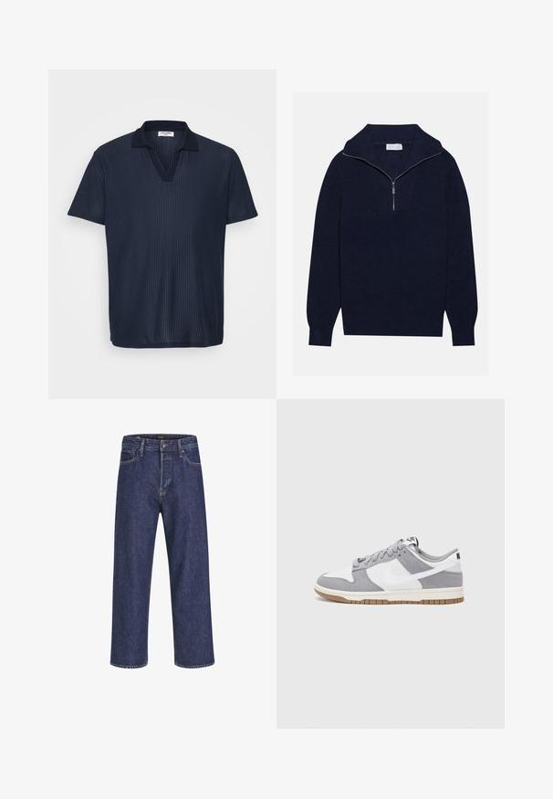 Tamsiai mėlynas megztinis su pusiau užtrauktuku, su įribuoto paviršiaus tekstūra ir V formos dizainu priekyje. Ilgos rankovės ir prigludęs apatinis kraštas.; Tamsiai mėlyna polo marškinėliai, pagaminti iš tekstūruoto, raukšlėto audinio, su V formos iškirpte ir trumpomis rankovėmis. Klasikinis apykaklė puošia stilių.; Tamsiai mėlynos džinsinės kelnės su tiesiu kirpimu, penkių kišenių dizainu, metaline sagte ir kontrastingomis siūlėmis, pasižyminčios subtilia tekstūra.; Pilka ir balta sportinė avalynė su zomšiniu ir odiniu viršumi, suapvalintu pirštu, plokščiomis raištelėmis ir guminėmis padais su guminiu akcentu.