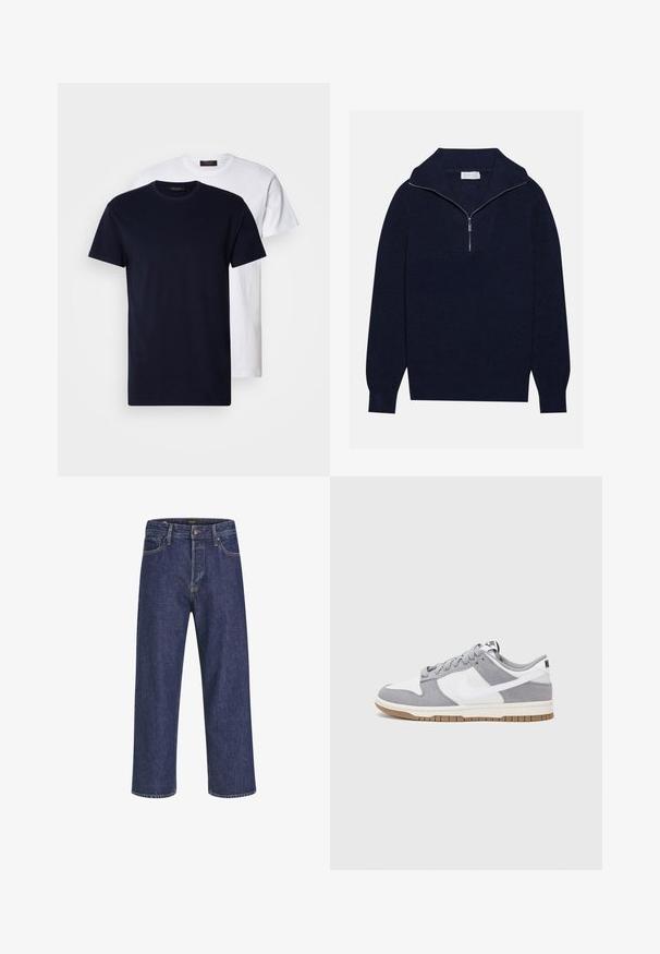 Tengerészkék kötött pulóver félcipzáros gallérral, bordás textúrával és V-alakú mintával az elején. Hosszú ujjú és testhez simuló szegéllyel rendelkezik.; Két pamut póló: egy sötétkék és egy fehér, mindkettő rövid ujjú és kerek nyakkivágású, sima textúrájú, és nincs rajtuk látható minta.; Sötétkék farmernadrág egyenes szabással, öt zsebes kialakítással, fém gombos záródással és kontrasztos varrással, diszkrét textúrával.; Szürke és fehér sportcipő, velúr és bőr felsőrésszel, kerek orral, lapos fűzőkkel és gumitalppal, amelyen rágógumi színű díszítés található.
