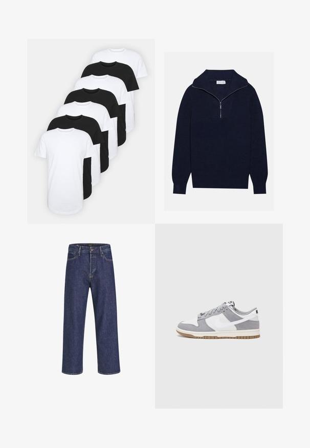 Granatowy sweter wełniany z połową suwaka, z prążkowaną fakturą i V-kształtnym wzorem z przodu. Długie rękawy i dopasowany dół.; Zestaw ośmiu koszulek z okrągłym dekoltem w czerni i bieli. Materiał bawełniany, krótkie rękawy, standardowy krój, gładka faktura, z metką.; Granatowe dżinsy o prostym kroju, z pięcioma kieszeniami, metalowym zapięciem na guzik i kontrastowym przeszyciem, z delikatną fakturą.; Szare i białe trampki z zamszową i skórzaną cholewą, okrągłym noskiem, płaskimi sznurówkami i gumową podeszwą z akcentem w kolorze gumy.