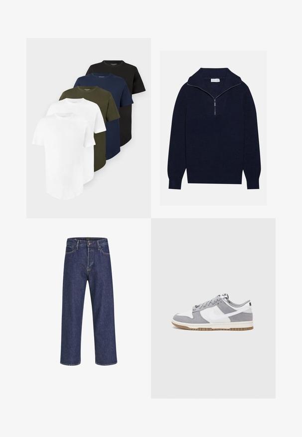 Námornícky modrý pletený sveter s polozipsom, s rebrovanou textúrou a V-tvarom na prednej strane. Dlhé rukávy a priliehavý lem.; Päť jednoduchých krátkych tričiek s okrúhlym výstrihom v bielej, olivovo zelenej, námornícky modrej a čiernej farbe, usporiadaných do vrstveného stohu.; Tmavomodré džínsy s rovnom strihom, dizajnom s piatimi vreckami, kovovým zapínaním a kontrastným prešívaním, ktoré majú jemnú štruktúru.; Tenisky Nike majú sivý zvršok z semišu a bielu kožu s perforáciami, okrúhle šnúrky a gumovú podrážku pre lepšiu trakciu.