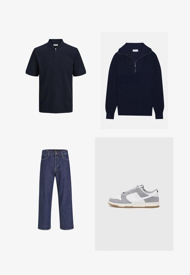 Merseyblu flettefleece med halv glidelås i kragen, med ribbestruktur og et V-formet design på forsiden. Lange ermer og tettsittende hem.; Sininen polo-paita lyhyillä hihoilla, teksturoitua kangasta, kaulus ja puolivetoketju. Vasemmassa rinnassa pieni logo.; Tummansiniset farkut suoran leikkauksen, viidellä taskulla, metallinappikiinnityksellä ja erottuvan ompeleen kanssa, joissa on hienovarainen tekstuuri.; Harmaa ja valkoinen lenkkari, jossa on mokka- ja nahkapinta, pyöreä kärki, litteät nauhat ja kumipohja, jossa on vaahtomuoviväri.