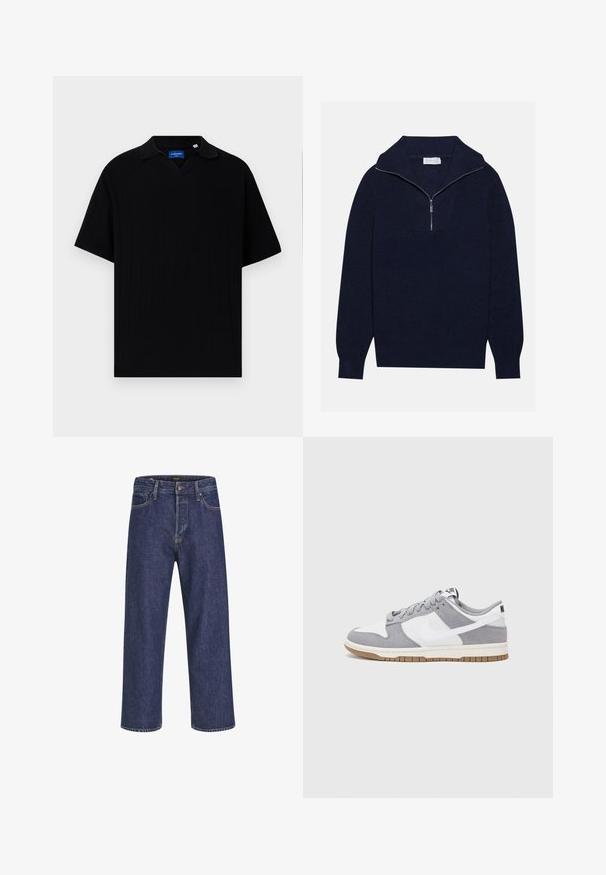 Merseyblu flettefleece med halv glidelås i kragen, med ribbestruktur og et V-formet design på forsiden. Lange ermer og tettsittende hem.; Musta lyhythihainen polo-paita V-päällä, jossa on ribbipintainen rakenne ja hienovaraiset pystysuorat raidat. Merkki kaulan alueella.; Tummansiniset farkut suoran leikkauksen, viidellä taskulla, metallinappikiinnityksellä ja erottuvan ompeleen kanssa, joissa on hienovarainen tekstuuri.; Harmaa ja valkoinen lenkkari, jossa on mokka- ja nahkapinta, pyöreä kärki, litteät nauhat ja kumipohja, jossa on vaahtomuoviväri.