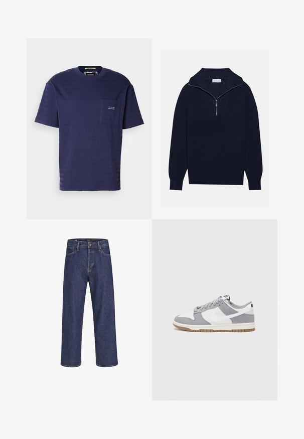 Námornícky modrý pletený sveter s polozipsom, s rebrovanou textúrou a V-tvarom na prednej strane. Dlhé rukávy a priliehavý lem.; Námornícky modré tričko s krátkym rukávom a textúrovanou látkou, s vodorovnými pruhmi a malou náprsnej vreckom s logom.; Tmavomodré džínsy s rovnom strihom, dizajnom s piatimi vreckami, kovovým zapínaním a kontrastným prešívaním, ktoré majú jemnú štruktúru.; Sivé a biele tenisky s vrchom z semišu a kože, zaoblenou špičkou, plochými šnúrkami a gumovou podrážkou s akcentom vo farbe gumy.