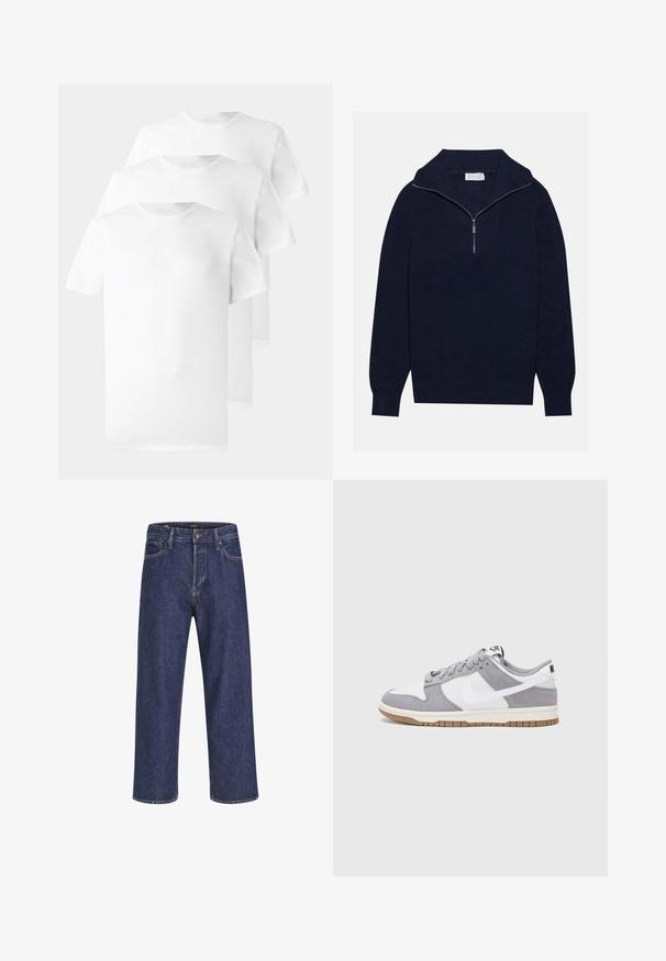 Navy blue knit sweater with a half-zip collar, featuring ribbed texture and a V-shaped design on the front. Long sleeves and fitted hem.; Three white t-shirts made of cotton, featuring a crew neck, short sleeves, and a smooth, plain texture with no visible patterns or accents.; Dark blue denim jeans with a straight cut, five-pocket design, metal button closure, and contrasting stitching, featuring a subtle texture.; Gray and white sneaker with a suede and leather upper, rounded toe, flat laces, and a rubber sole featuring a gum accent.