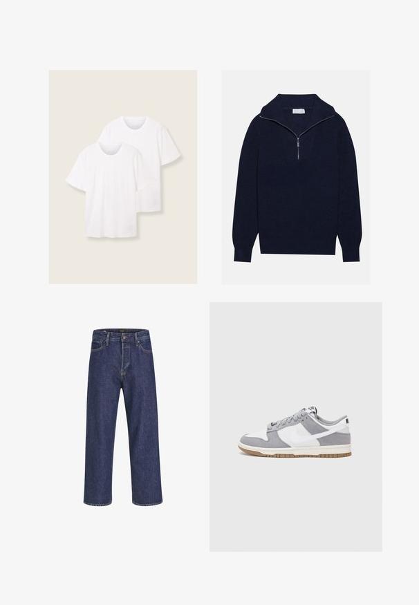 Navy blue knit sweater with a half-zip collar, featuring ribbed texture and a V-shaped design on the front. Long sleeves and fitted hem.; Two white cotton t-shirts with short sleeves and round necklines, featuring a subtle logo detail near the bottom hem.; Dark blue denim jeans with a straight cut, five-pocket design, metal button closure, and contrasting stitching, featuring a subtle texture.; Nike sneakers feature a gray suede and white leather upper with perforations, round laces, and a gum sole for traction.