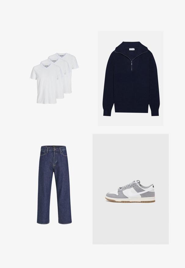 Dunkelblaues Strickpullover mit einem halben Reißverschluss-Kragen, der eine gerippte Textur und ein V-förmiges Design auf der Vorderseite bietet. Lange Ärmel und taillierter Saum.; Drei weiße kurzärmlige V-Ausschnitt-T-Shirts aus Baumwolle, die ein schlichtes Design mit farblich abgesetztem Ausschnitt und dezentem Markenlogo auf der Innenseite aufweisen.; Dunkelblaue Denim-Jeans mit geradem Schnitt, Fünf-Taschen-Design, Metallknopfverschluss und kontrastierenden Nähten, die eine dezente Textur aufweisen.; Graue und weiße Sneaker mit einem Obermaterial aus Wildleder und Leder, abgerundeter Spitze, flachen Schnürsenkeln und einer Gummisohle mit einem Kautschukakzent.