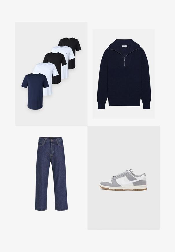 Mørkeblå striktrøje med halvlukket krave, med ripet tekstur og et V-formet design på forsiden. Lange ærmer og tætsiddende kanten.; Fem T-shirts i marineblå, sort og hvid bomuld. Hver har en rund halsudskæring og korte ærmer. Et lille logo vises på venstre bryst på hver.; Mørkeblå denimjeans med lige snit, fem-lomme design, metalknaplukning og kontrasterende syninger, der har en subtil tekstur.; Grå og hvid sneaker med en overdel i ruskind og læder, rund tå, flade snørebånd og en gummisål med en gummifarvet detalje.