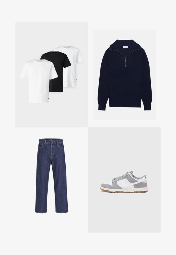 Maglione a maglia blu navy con colletto a mezza zip, caratterizzato da una texture a coste e un design a forma di V nella parte anteriore. Maniche lunghe e orlo aderente.; Tre T-shirt in bianco, nero e bianco, con maniche corte, design a girocollo e realizzate in morbido e traspirante tessuto di cotone.; Jeans in denim blu scuro con taglio dritto, design a cinque tasche, chiusura con bottone in metallo e cuciture in contrasto, caratterizzati da una leggera trama.; Sneaker grigia e bianca con tomaia in suede e pelle, punta arrotondata, lacci piatti e soletta in gomma con un accento color caramello.