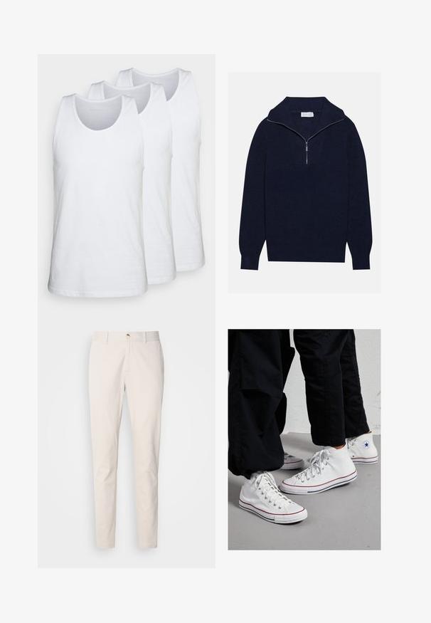 Dunkelblaues Strickpullover mit einem halben Reißverschluss-Kragen, der eine gerippte Textur und ein V-förmiges Design auf der Vorderseite bietet. Lange Ärmel und taillierter Saum.; Drei weiss Tanktops aus Baumwolle, mit rundem Halsausschnitt und ärmellosem Design, glatter Textur und normaler Passform.; Scotch & Soda SEASONAL CORE STUART - Chino - highway grey; Weiße Canvas High-Top-Sneaker mit Gummisohle, ausgestattet mit silbernen Ösen und roten sowie marineblauen Streifen entlang der Sohle.