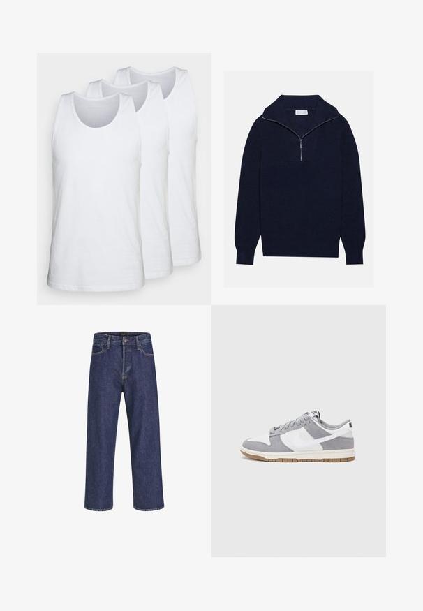 Merseyblu flettefleece med halv glidelås i kragen, med ribbestruktur og et V-formet design på forsiden. Lange ermer og tettsittende hem.; Kolmepakk bielistest ankkuriteks kuube, mis on valmistatud puuvillast, ümarate kaelustega ja ilma varrukateta, sujuva tekstuuri ja tavapärase sobivusega.; Tummansiniset farkut suoran leikkauksen, viidellä taskulla, metallinappikiinnityksellä ja erottuvan ompeleen kanssa, joissa on hienovarainen tekstuuri.; Harmaa ja valkoinen lenkkari, jossa on mokka- ja nahkapinta, pyöreä kärki, litteät nauhat ja kumipohja, jossa on vaahtomuoviväri.