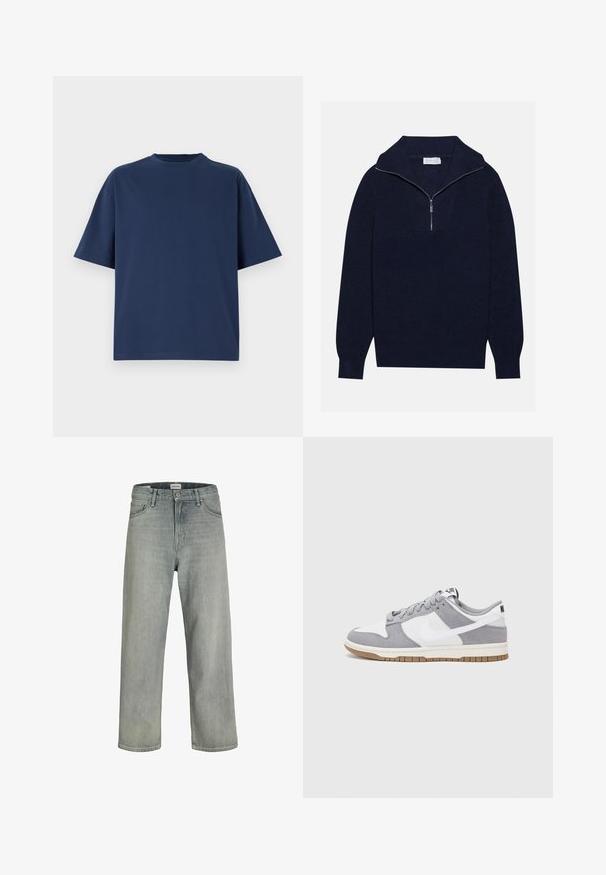 Marineblå strikkegenser med halv-zip krage, med ribbet tekstur og et V-formet design på forsiden. Lange ermer og tettsittende kant.; Marineblå T-skjorte med kort erm laget av glatt bomull, med rund hals og en avslappet passform, med minimal detaljering og uten synlige logoer.; Lys grå, løstsittende jeans laget av denim. Har en klassisk fem-lomme-design, beltehemper og en rett ben-silhuett.; Grå og hvite sneakers med overdel i semsket skinn og lær, rund tå, flate lisser, og gummisåle med gummibelegg.