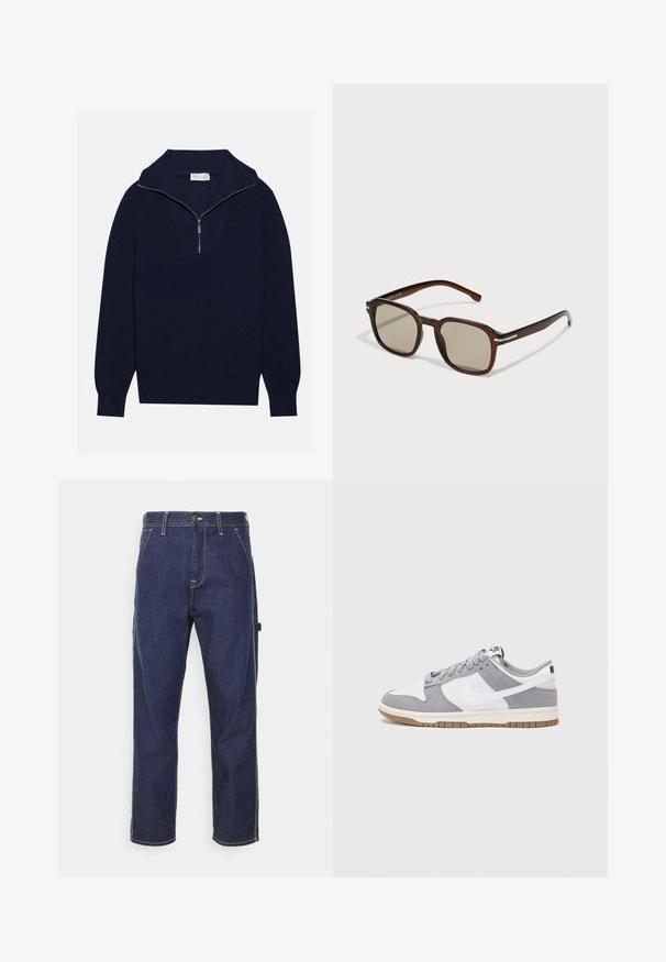Pull en maille bleu marine avec un col zippé à moitié, présentant une texture côtelée et un design en V sur le devant. Manches longues et ourlet ajusté.; Pantalons cargo en denim bleu foncé avec des coutures jaunes, poches latérales et un design à coupe droite. Comprend une fermeture à bouton et à zip.; Baskets grises et blanches avec un dessus en suède et cuir, bout rond, lacets plats et semelle en caoutchouc avec une touche de gomme.; Lunettes de soleil rectangulaires marron avec des verres teintés, monture en plastique et accents métalliques sur les côtés. Présente un design épuré et une texture lisse.