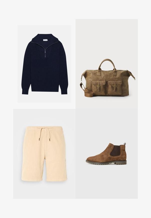 Mornarsko modra pletena pulover s polovico zadrge, ki se ponaša z rebrasto strukturo in V-obliko na sprednji strani. Dolgi rokavi in prilagojen rob.; Bež kratke hlače iz kordura z elastiko in vrvico. Imajo stranske žepke in pravilen kroj. Mehka tekstura in gladka površina.; Rjavi semiš Chelsea škornji z elastičnimi stranskimi paneli, zanka za obuvanje in teksturiran gumijast podplat z utori za oprijem.; Rjav usnjen potovalni kovček z dvema sprednjima žepoma, nastavljivim ramenskim trakom, zlatim okovjem in trdnimi zgornjimi ročaji. Gladka tekstura.