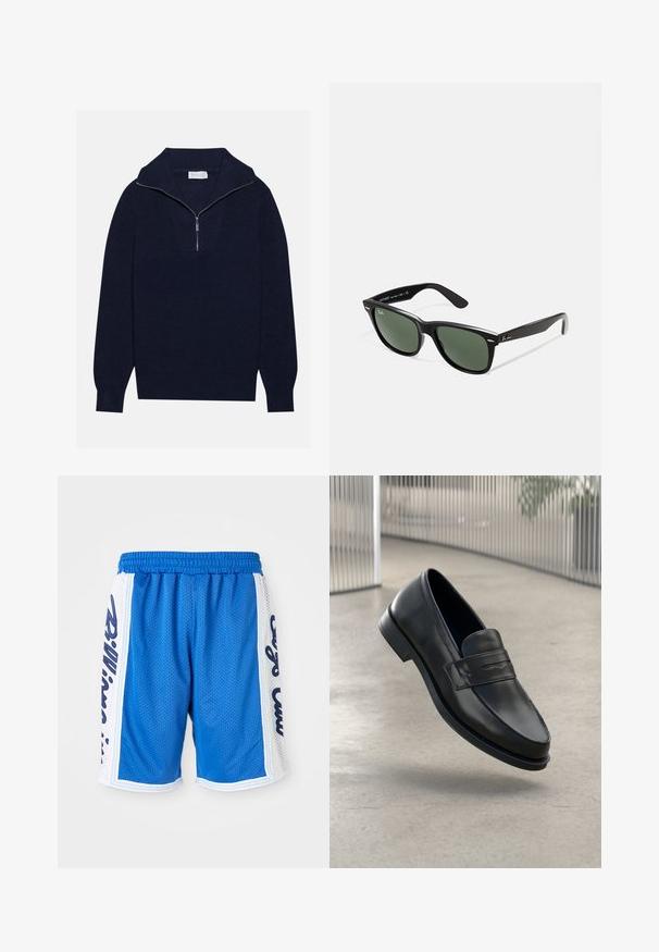 Tamsiai mėlynas megztinis su pusiau užtrauktuku, su įribuoto paviršiaus tekstūra ir V formos dizainu priekyje. Ilgos rankovės ir prigludęs apatinis kraštas.; Mėlyni tinkliniai sportiniai šortai su elastinga juosta, kuriuose yra baltos šoninės juostos ir juodi užrašai abiejose pusėse.; Juodos spalvos odinės šlepetės su lygia tekstūra, smailiu priekiniu skyriumi ir dekoratyviu dirželiu per pėdos viršų. Lengvas padažas, minimalistinis dizainas.; Juodi plastikiniai saulės akiniai su žaliais objektyvais, kvadratiniais rėmeliais, sidabriniu akcentu ant antakio ir tekstūruotais šventyklų šakutėmis. Vidinėje šakutėje nurodyta prekės ženklo pavadinimas.
