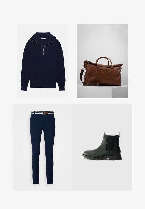 Tumed sinise kudumisega sviiter poole luku kaelusega, mis sisaldab ribakujulist tekstuuri ja V-kujulist disaini esiosas. Pikad varrukad ja kitsasäär.; Tumedat sinises puuvillased püksid, mis on slim fit stiilis, kontrastse triibulise vöökohtadega ja pruuni nahast aksessuaarvööga.; Mustad mustad Chelsea saapad elastsete külgpaneelidega, tõmbevalmidus, ümara ninaga ja tekstureeritud kummitald. Sile pind ja vastupidav disain.; Pruunist nahast nädalavahetuse kott, millel on lukuga sulgur, topeltkäepidemed, reguleeritav õlavarre rihm ja nähtavad tekstuurimustrid pinnal.