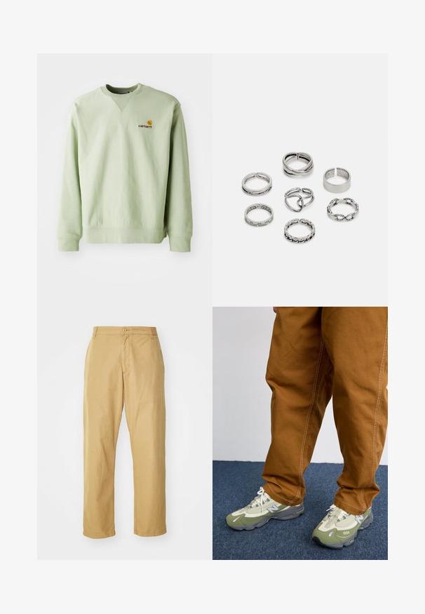 Lys grønn hettegenser laget av bomullsblanding. Har ribbestrikkede mansjetter og nederkant, med en liten brodert logo på brystet. Enkelt design, rund hals.; Khaki chinos laget av lett stoff med rett ben-design, med knappelukking foran og sidelommer.; Lys grønne og grå sportsko med mesh og syntetiske materialer, med hvite snørebånd og "1000" tekst på siden. Brune bukser med hvit søm.; Sett med sju sølvringer med forskjellige design, inkludert vridde, sammenkoblede og gravyrmønstre. Ulike former og bredder.