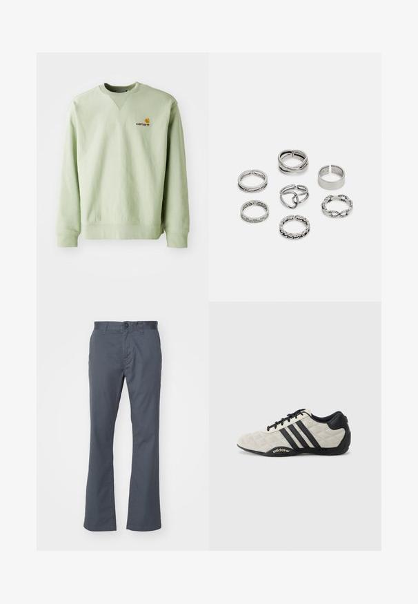 Light green sweatshirt made of cotton blend. Features ribbed cuffs and hem, with a small embroidered logo on the chest. Simple design, crew neck.; Dark gray, straight-leg pants made of cotton blend, featuring a front button closure, belt loops, and standard pockets. Smooth texture.; Adidas sports shoe with a textured, light gray upper and black leather accents. Features black three-stripe logo and cushioned sole.; Set of seven silver rings featuring various designs, including twisted, linked, and engraved patterns. Different shapes and widths.