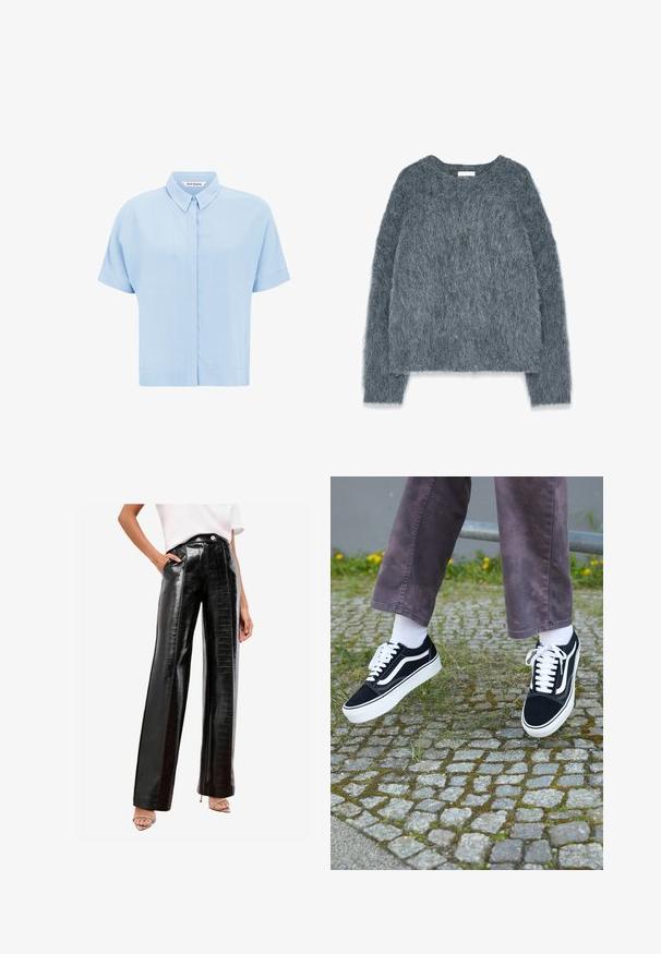 Maglione grigio testurizzato con una vestibilità ampia, maniche lunghe e scollatura larga. Materiale morbido e peloso con una leggera lucentezza. Nessun motivo o accento prominente.; Camicetta azzurra chiara a maniche corte realizzata in tessuto morbido, con chiusura a bottoni sul davanti e colletto classico. Texture liscia e vestibilità rilassata.; Pantaloni neri a vita alta realizzati in finta pelle lucida, caratterizzati da un motivo a coccodrillo, tasche laterali e design a gamba dritta.; Sneaker in suede nero con dettagli bianchi, caratterizzati da una punta arrotondata, suola spessa bianca e design classico con lacci, indossati con calze bianche e pantaloni viola.