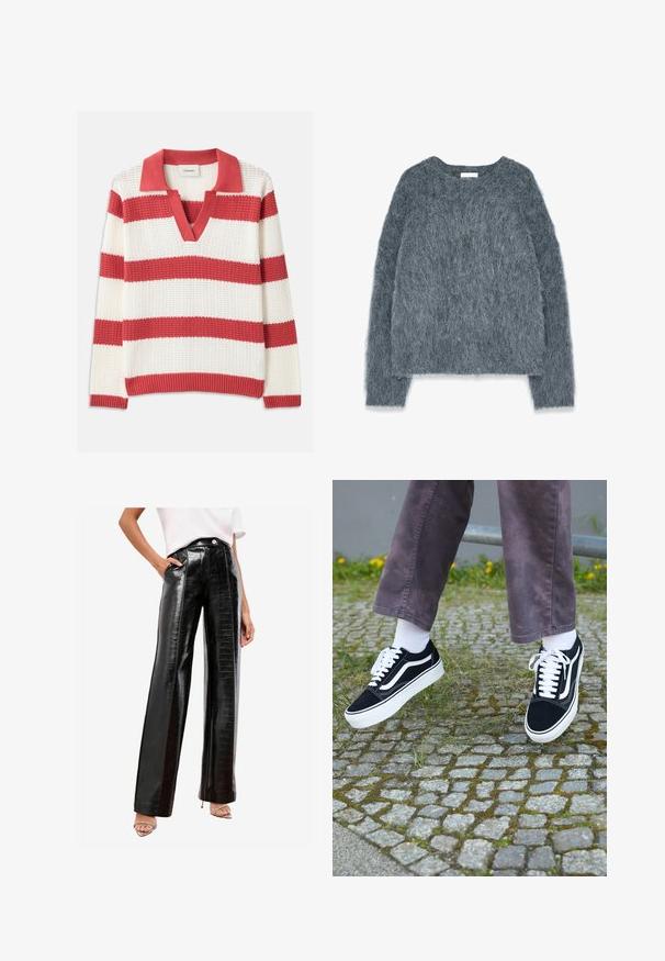Suéter gris texturizado de corte holgado, con mangas largas y escote amplio. Material suave y difuso con un ligero brillo. Sin patrones o acentos prominentes.; Suéter de punto a rayas rojas y blancas con escote en V y cuello. Tejido texturizado, con amplias rayas horizontales y ribetes acanalados.; Pantalones negros de talle alto fabricados con cuero sintético brillante, con un patrón de cocodrilo, bolsillos laterales y un diseño de pierna recta.; Zapatillas de ante negro con detalles en blanco, que presentan una punta redondeada, suela gruesa blanca y un diseño clásico de cordones, usadas con calcetines blancos y pantalones morados.