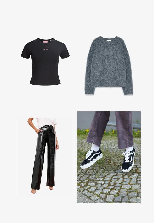 Suéter gris texturizado de corte holgado, con mangas largas y escote amplio. Material suave y difuso con un ligero brillo. Sin patrones o acentos prominentes.; Camiseta negra de manga corta, hecha de algodón suave, con un diseño ajustado y texto rosa que dice "No soy yo, eres tú" en el frente.; Pantalones negros de talle alto fabricados con cuero sintético brillante, con un patrón de cocodrilo, bolsillos laterales y un diseño de pierna recta.; Zapatillas de ante negro con detalles en blanco, que presentan una punta redondeada, suela gruesa blanca y un diseño clásico de cordones, usadas con calcetines blancos y pantalones morados.