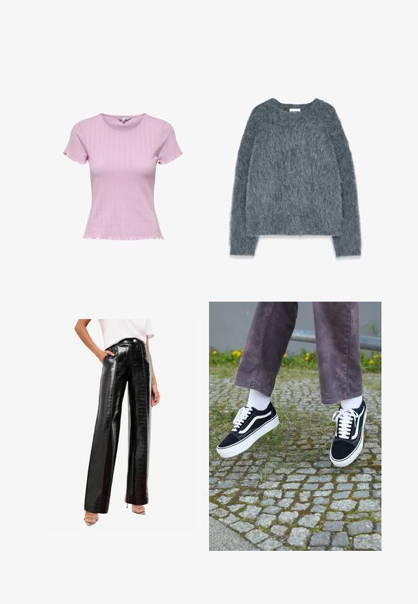 Suéter gris texturizado de corte holgado, con mangas largas y escote amplio. Material suave y difuso con un ligero brillo. Sin patrones o acentos prominentes.; Top de punto de color rosa claro, de mangas cortas y con una forma ajustada, textura acanalada y un dobladillo ondulado. Detalles sutiles en el patrón realzan el diseño.; Pantalones negros de talle alto fabricados con cuero sintético brillante, con un patrón de cocodrilo, bolsillos laterales y un diseño de pierna recta.; Zapatillas de ante negro con detalles en blanco, que presentan una punta redondeada, suela gruesa blanca y un diseño clásico de cordones, usadas con calcetines blancos y pantalones morados.