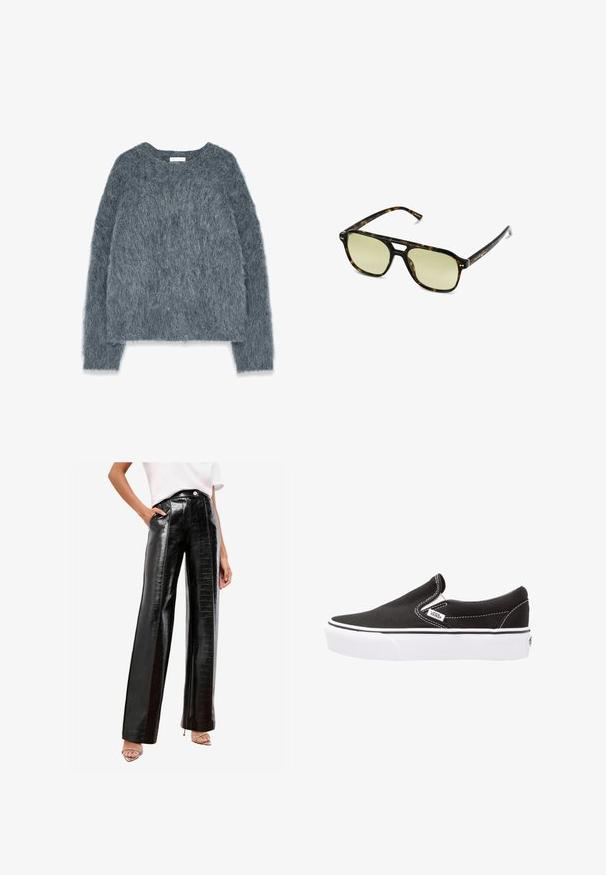 Strickpullover in Grau mit lockerer Passform, langen Ärmeln und weitem Halsausschnitt. Weiches, flauschiges Material mit leichtem Glanz. Keine auffälligen Muster oder Akzente.; Schwarze hoch taillierte Hose aus glänzendem Kunstleder, mit Krokodilprägung, seitlichen Taschen und gerader Beinführung.; Schwarze Canvas-Slipper mit weißer Gummisohle, kontrastierendem weißen Nähten und Logo-Patch an der Seite. Glatte Textur und schlichtes Design.; Schildkrötensonnenbrille mit rechteckiger Form, grün getönten Gläsern und gemusterten Acetatrahmen. Verfügt über metalliche Akzente in der Nähe der Gläser.