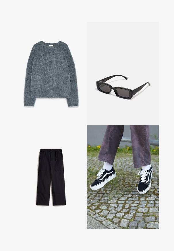 Strickpullover in Grau mit lockerer Passform, langen Ärmeln und weitem Halsausschnitt. Weiches, flauschiges Material mit leichtem Glanz. Keine auffälligen Muster oder Akzente.; Schwarze Cargo-Hosen mit einem elastischen Bund, verstellbarem Gürtel und zwei Seitentaschen. Hergestellt aus einem leichten, strukturierten Stoff.; Schwarze Wildleder-Sneaker mit weißen Akzenten, runder Zehenform, dicker weißer Sohle und klassischem Schnürdesign, getragen mit weißen Socken und lila Hose.; Schwarze rechteckige Sonnenbrille mit dunklen Gläsern, glänzender Oberfläche, breiten Bügeln und einem klobigen Rahmen-Design. Gravierter Markenname auf einem Bügel.