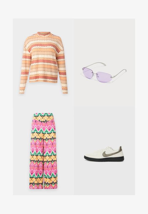 Textured sweater with a high neckline, featuring a geometric pattern in shades of peach, cream, and rust. Long sleeves with ribbed cuffs.; Multicolored wide-leg trousers featuring a geometric pattern in pink, green, orange, and black. Made of lightweight fabric with a smooth finish.; Nike Sportswear FIELD GENERAL - Trainers - off-white/black; Sunglasses with oval purple lenses, metal frame, and thin arms. Clear nose pads and subtle branding on the arm.