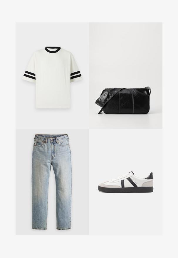 Bēša adīta džemperis ar teksturētu rakstu, kuram ir klasiskā apkakle un ribotās piedurknes. Izgatavots no mīksta, viegla materiāla.; Balta sporta T-kreklā ar melnu ribotu apaļu kakla izgriezumu un īsām piedurknēm, kas iezīmētas ar divām melnām līnijām katrā piedurkne. Gluda faktūra, brīva piegriezte.; Gai zila denima bikses ar augstu jostasvietu, priekšējo pogu, rāvējslēdzēju un piecu kabatu dizainu, izlīdzinātas uz neitrāla fona.; Baltas sneakeris ar melniem un pelēkiem akcentiem, kuram ir teksturēts pelēks purngals, melna gumijas zole un plakanas baltas šņores. Tīrs dizains, minimālisma stils.; Melnas ādas plecu soma ar rāvējslēdzēja aizdari, ar teksturētu virsmu, baltu dūrienu un siksnu ar sudraba iekavām.