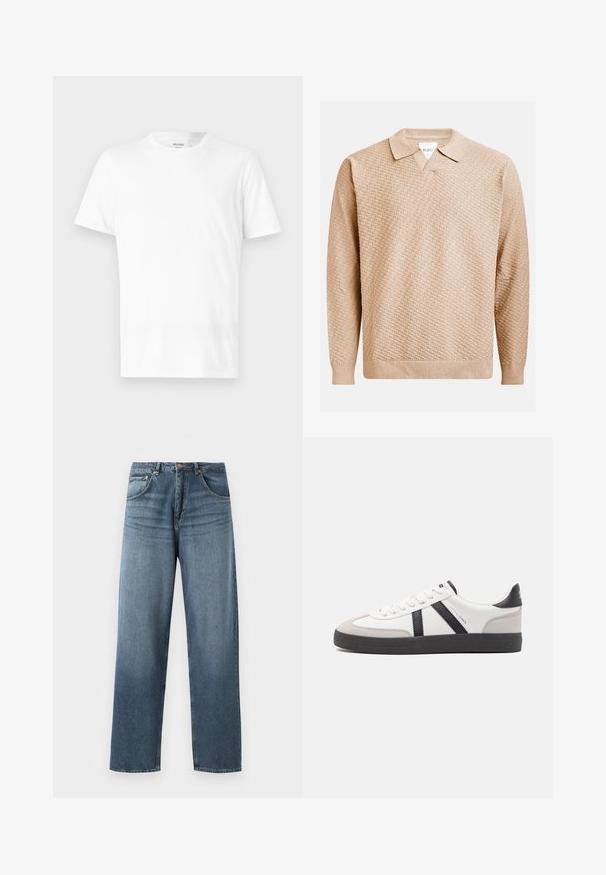 Bežna pletena pulover z teksturiranim vzorcem, ki ima klasičen ovratnik in rebraste manšete. Narejen iz mehke, lahke tkanine.; Bela kratka majica s kratkimi rokavi iz bombaža, z okroglo ovratnikom in preprostim dizajnom, primerna za vsakodnevno nošenje.; Ravno krojene modre kavbojke iz denima z zbledelim pranjem, ki vključujejo pet žepov, kovinsko zaponko in pasek. Strukturirana, srednje težka tkanina.; Bela športna obutev z črnimi in sivo akcenti, z teksturirano sivo kapico za prste, črnim gumijastim podplatom in ravnimi belimi vezalkami. Čista zasnova, minimalistični slog.