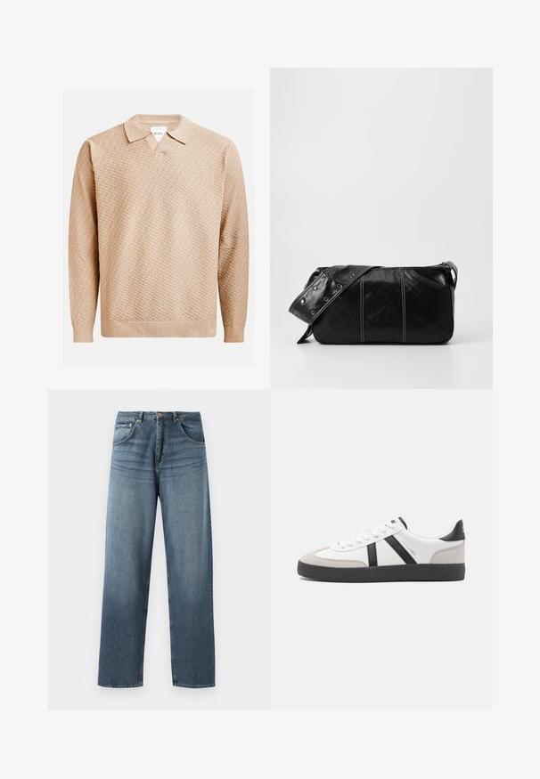 Beige kötött pulóver texturált mintával, klasszikus gallérral és bordázott mandzsettával. Puha, könnyű anyagból készült.; Egyenes szárú kék denim farmernadrág, kopott mosással, öt zsebes kivitelezéssel, fém gombbal és övhurkokkal. Közepes súlyú, strukturált anyag.; Fehér sneaker fekete és szürke részletekkel, textúrált szürke orr résszel, fekete gumitalppal és lapos fehér fűzőkkel. Tiszta dizájn, minimalista stílus.; Fekete bőr válltáska, cipzárral zárva, texturált felülettel, fehér varrással és ezüst fémgyűrűs pánttal.
