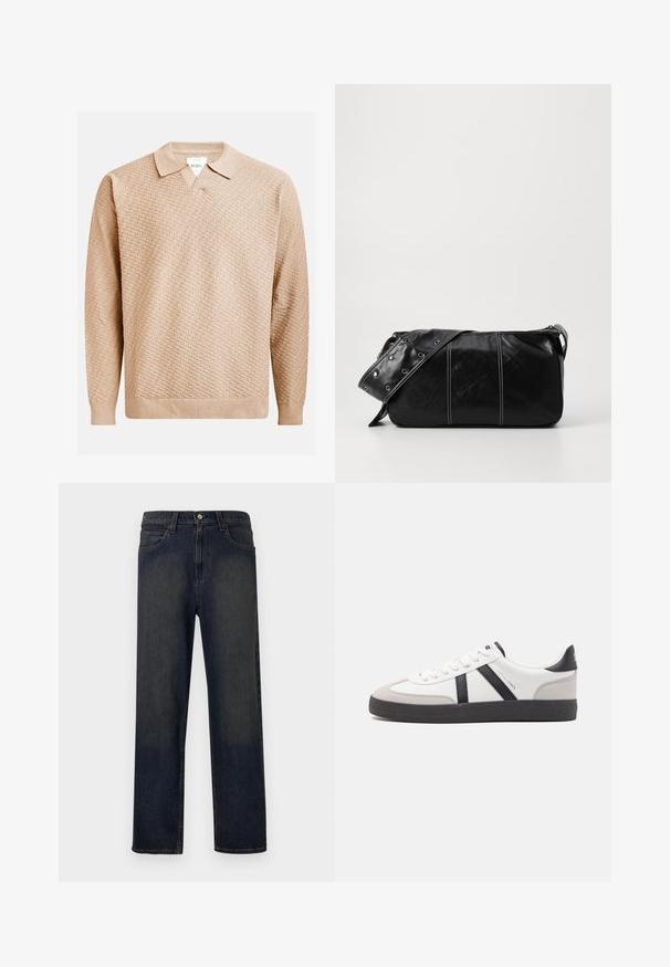 Šviesiai rudos megztos megztinio su tekstūruotu raštu, klasikine apykakle ir raukšlėtomis rankogaliais. Pagamintas iš minkštos, lengvos medžiagos.; Tamsiai mėlynos džinsinės kelnės su tiesiu kojų dizainu, penkiais kišenėmis ir sidabriniu mygtuko uždarymu. Lengvas blukimas arti kelių.; Balti sportbačiai su juodais ir pilkais akcentais, pasižymintys tekstūruotu pilku pirštų dangteliu, juoda gumine padais ir plokščiomis baltomis raišteliais. Švarus dizainas, minimalistinis stilius.; Juodas odinis pečių krepšys su užtrauktuku, turintis tekstūruotą paviršių, baltą siuvinėjimą ir dirželį su sidabinėmis metalinėmis detalėmis.