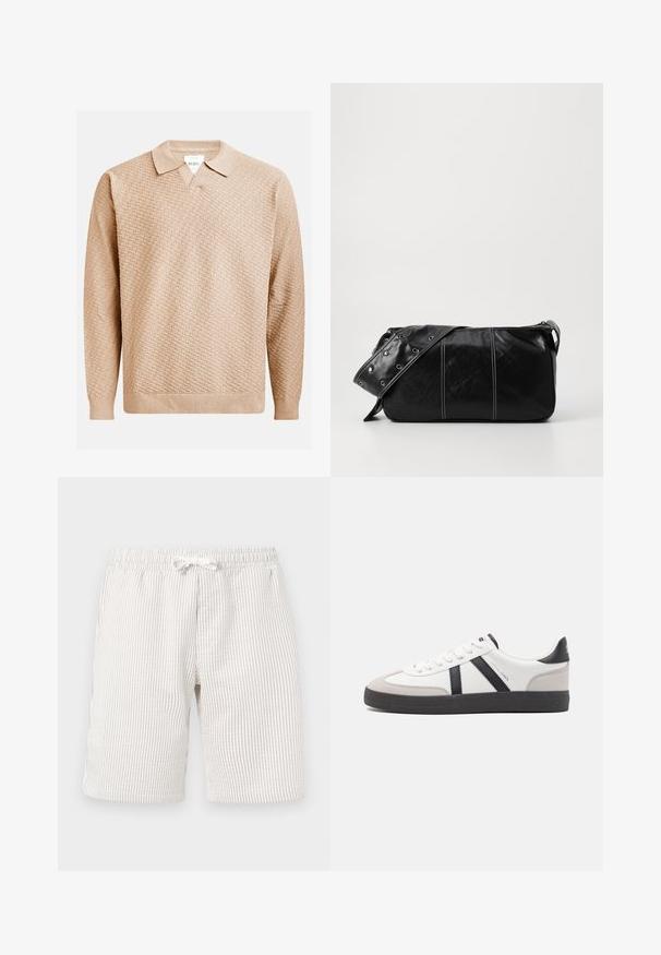 Beige stickad tröja med ett texturerat mönster, med en klassisk krage och ribbade ärmslut. Tillverkad av mjukt, lätt material.; Ljust beige randiga shorts med elastiskt midjeband och snörning. Texturen verkar mjuk och tyget har ett subtilt vertikalt mönster.; Vit sneaker med svarta och grå accenter, med en strukturerad grå tådel, svart gummisul, och platta vita skosnören. Ren design, minimalistisk stil.; Svart läder axelväska med dragkedjestängning, som har en texturerad yta, vit sömnad och ett bälte med silveröglor.