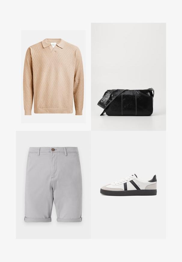 Šviesiai rudos megztos megztinio su tekstūruotu raštu, klasikine apykakle ir raukšlėtomis rankogaliais. Pagamintas iš minkštos, lengvos medžiagos.; Šviesiai pilki medvilniniai šortai su suktomis apačiomis, vienu priekiu užsegamu mygtuku ir šoninėmis kišenėmis, pasižymintys lygiu tekstūru ir pritaikytu dizainu.; Balti sportbačiai su juodais ir pilkais akcentais, pasižymintys tekstūruotu pilku pirštų dangteliu, juoda gumine padais ir plokščiomis baltomis raišteliais. Švarus dizainas, minimalistinis stilius.; Juodas odinis pečių krepšys su užtrauktuku, turintis tekstūruotą paviršių, baltą siuvinėjimą ir dirželį su sidabinėmis metalinėmis detalėmis.