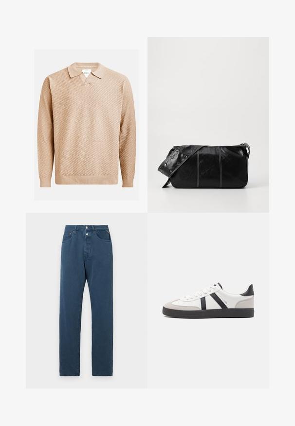 Beige knitted sweater with a textured pattern, featuring a classic collar and ribbed cuffs. Made from soft, lightweight material.; Blue jeans with a straight fit, featuring a high waist, two front pockets, and a button closure. The fabric appears smooth and unembellished.; White sneaker with black and gray accents, featuring a textured gray toe cap, black rubber sole, and flat white laces. Clean design, minimalist style.; Black leather shoulder bag with a zip closure, featuring a textured body, white stitching, and a strap with silver grommets.