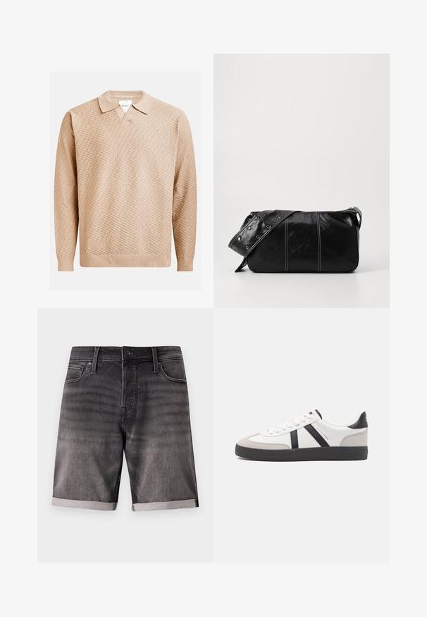 Beige gebreide trui met een gestructureerd patroon, voorzien van een klassieke kraag en ribgebreide manchetten. Gemaakt van zacht, lichtgewicht materiaal.; Denim shorts in donkergrijs met een vervaagde afwerking, voorzien van een omgeslagen zoom, voorzakken en een metalen knoopsluiting.; Witte sneaker met zwarte en grijze accenten, voorzien van een grijze neus met textuur, zwarte rubberen zool en platte witte veters. Schoon ontwerp, minimalistische stijl.; Zwarte leren schoudertas met een ritsluiting, voorzien van een gestructureerd lichaam, witte stiksels en een band met zilveren oogjes.