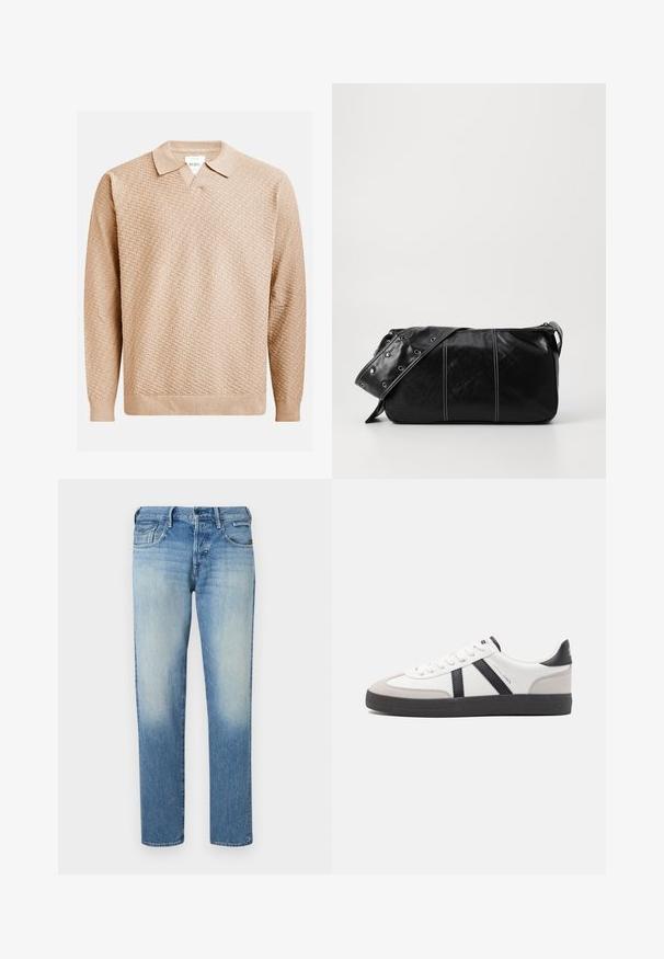 Pulover tricotat bej cu un model texturat, având un guler clasic și manșete elasticizate. Fabricat dintr-un material moale și ușor.; Jeans din denim de culoare albastru deschis, cu un finisaj uzat, picioare drepte, cinci buzunare și închidere cu nasture. Detaliile cusute și eticheta brandului se află pe spate.; Sneaker alb cu accente negre și gri, având un capac de vârf gri texturat, talpă din cauciuc negru și șireturi plate albe. Design elegant, stil minimalist.; Geantă de umăr din piele neagră cu închidere cu fermoar, având un corp texturat, cusături albe și o curea cu ochiuri argintii.