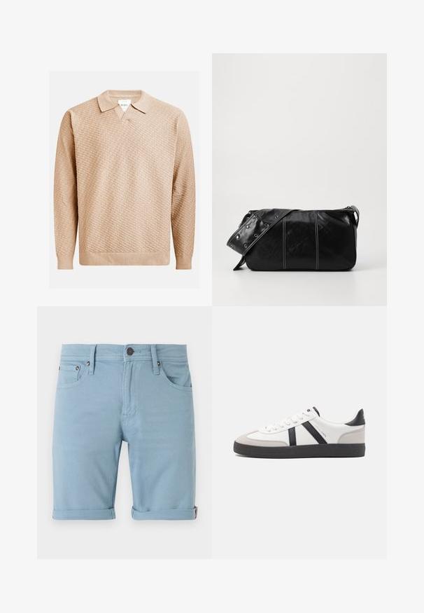 Beige gestrickter Pullover mit einem strukturierten Muster, ausgestattet mit einem klassischen Kragen und gerippten Bündchen. Hergestellt aus weichem, leichtem Material.; Hellblaue Denim-Shorts mit klassischem Fünf-Taschen-Design, umgeschlagenem Saum, gestickten Details vorne und hinten sowie einem dunklen Knopfverschluss.; Weiße Sneaker mit schwarz- und grau-aczenten, ausgestattet mit einer strukturierten grauen Zehenkappe, schwarzer Gummi-Sohle und flachen weißen Schnürsenkeln. Sauberes Design, minimalistische Stil.; Schwarze Leder Schultertasche mit Reißverschluss, ausgestattet mit einer strukturierten Oberfläche, weißen Nähten und einem Tragegurt mit silbernen Ösen.