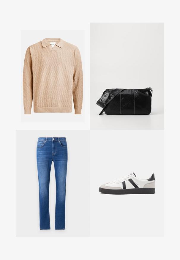 Beżowy sweter dzianinowy o teksturowanym wzorze, z klasycznym kołnierzykiem i ściągaczami na rękawach. Wykonany z miękkiego, lekkiego materiału.; Niebieskie dżinsy z prostym krojem, z pięcioma kieszeniami, zapięciem na guzik oraz delikatnym wyblakłym wykończeniem na całej tkaninie.; Białe sneakersy z czarnymi i szarymi akcentami, z teksturowanym szarym czubkiem, czarną gumową podeszwą i płaskimi białymi sznurowadłami. Czysty design, minimalistyczny styl.; Czarna skórzana torba na ramię z zamkiem błyskawicznym, charakteryzująca się teksturowanym korpusem, białymi przeszyciami oraz paskiem z srebrnymi osłonkami.