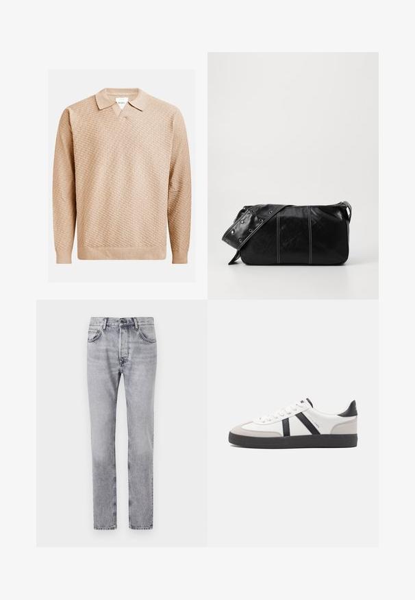 Beżowy sweter dzianinowy o teksturowanym wzorze, z klasycznym kołnierzykiem i ściągaczami na rękawach. Wykonany z miękkiego, lekkiego materiału.; Szare dżinsy mają proste nogawki, pięć kieszeni i delikatne wyblaknięcia. Zapięcie na metalowy guzik i zamek błyskawiczny z przodu.; Białe sneakersy z czarnymi i szarymi akcentami, z teksturowanym szarym czubkiem, czarną gumową podeszwą i płaskimi białymi sznurowadłami. Czysty design, minimalistyczny styl.; Czarna skórzana torba na ramię z zamkiem błyskawicznym, charakteryzująca się teksturowanym korpusem, białymi przeszyciami oraz paskiem z srebrnymi osłonkami.