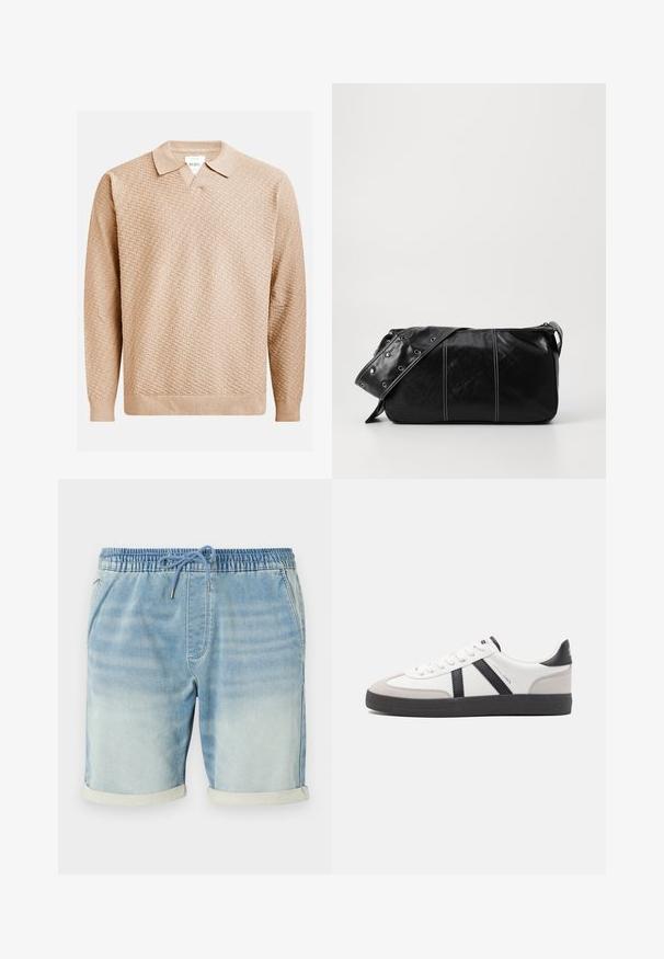 Beige neulepusero, jossa on teksturoitu kuvio, klassinen kaulus ja resorit hihansuissa. Valmistettu pehmeästä, kevyestä materiaalista.; Vaaleansiniset farkkutrikoot, joissa on joustava vyötärö, naru suljenta, sivutaskut ja käännetyt helmapäät. Sileä pinta.; Valkoiset lenkkarit mustilla ja harmailla yksityiskohdilla, joissa on teksturoitu harmaa kärki, musta kumipohja ja litteät valkoiset nauhat. Siisti muotoilu, minimalistinen tyyli.; Mustakulmainen nahkainen olkalaukku, jossa on vetoketjukiinnitys, teksturoitu pinta, valkoiset ompeleet ja hihna, jossa on hopeiset niitit.