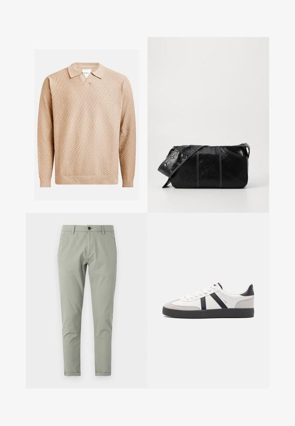 Pull en tricot beige avec un motif texturé, doté d'un col classique et de poignets côtelés. Fabriqué à partir d'un matériau doux et léger.; Chinos verts sur mesure en coton léger. Dotés d'une fermeture à bouton, de poches avant et arrière, et d'un design de jambe fuselée.; Baskets blanches avec des accents noirs et gris, présentant un embout texturé gris, une semelle en caoutchouc noir et des lacets plats blancs. Design épuré, style minimaliste.; Sac à épaule en cuir noir avec une fermeture éclair, doté d'un corps texturé, de coutures blanches et d'une sangle avec des œillets en argent.