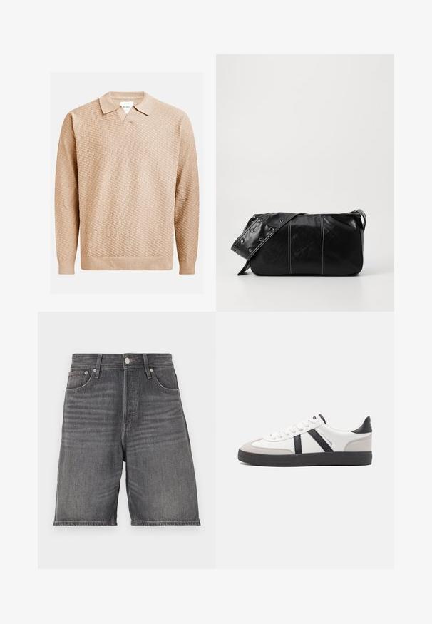 Beige strikket sweater med et struktureret mønster, der har en klassisk krave og ribbede manchetter. Fremstillet af blødt, letvægtsmateriale.; Mørkegrå denimshorts med lige snit. Har fem lommer, en talje med bæltesløjfer og en knaplukning.; Hvide sneakers med sorte og grå detaljer, med en tekstureret grå tåhætte, sort gummisål og flade hvide snørebånd. Rent design, minimalistisk stil.; Sort læder skuldertaske med lynlås, der har en tekstureret overflade, hvid syning og en rem med sølvøskner.