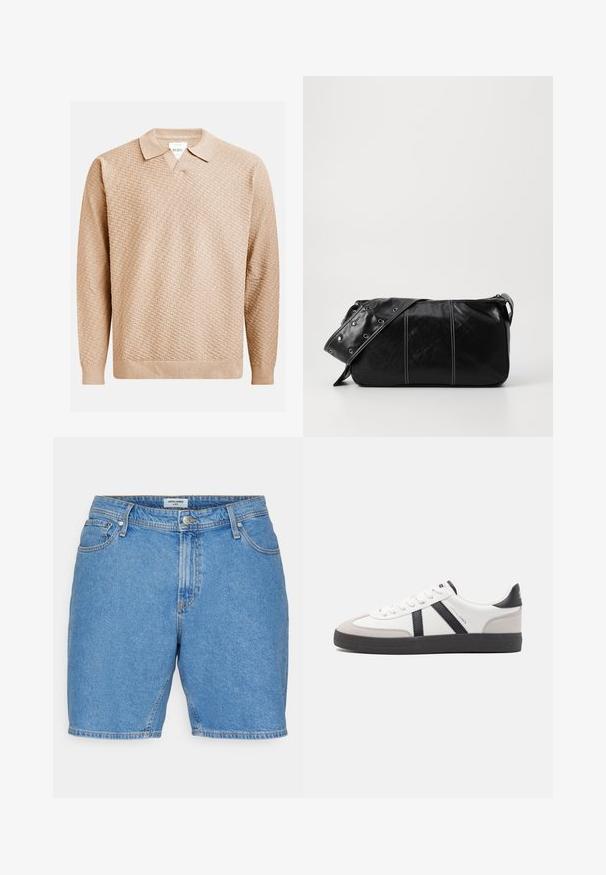 Beige kötött pulóver texturált mintával, klasszikus gallérral és bordázott mandzsettával. Puha, könnyű anyagból készült.; Jack & Jones JJITONY JJORIGINAL - Farmer rövidnadrágok - blue denim; Fehér sneaker fekete és szürke részletekkel, textúrált szürke orr résszel, fekete gumitalppal és lapos fehér fűzőkkel. Tiszta dizájn, minimalista stílus.; Fekete bőr válltáska, cipzárral zárva, texturált felülettel, fehér varrással és ezüst fémgyűrűs pánttal.