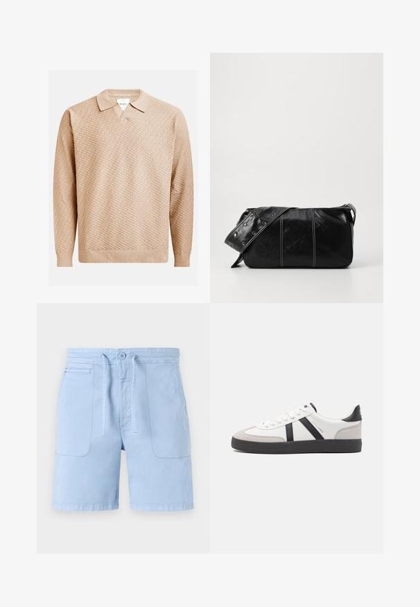 Šviesiai rudos megztos megztinio su tekstūruotu raštu, klasikine apykakle ir raukšlėtomis rankogaliais. Pagamintas iš minkštos, lengvos medžiagos.; Šviesiai mėlynos medvilninės šortai su raišteliu talijoje, dviem priekinių kišenių ir lygiomis tekstūromis. Paprastas dizainas su minimaliomis detalėmis.; Balti sportbačiai su juodais ir pilkais akcentais, pasižymintys tekstūruotu pilku pirštų dangteliu, juoda gumine padais ir plokščiomis baltomis raišteliais. Švarus dizainas, minimalistinis stilius.; Juodas odinis pečių krepšys su užtrauktuku, turintis tekstūruotą paviršių, baltą siuvinėjimą ir dirželį su sidabinėmis metalinėmis detalėmis.