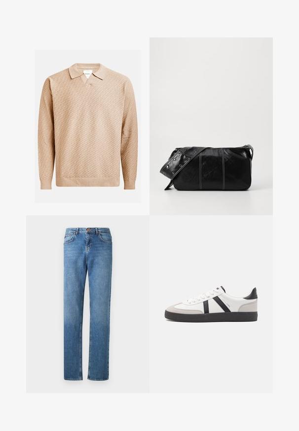 Suéter de punto beige con un patrón texturizado, que presenta un cuello clásico y puños acanalados. Confeccionado en un material suave y ligero.; Jeans de mezclilla azul claro con un diseño de pierna recta, que cuentan con cinco bolsillos, passacinturones y costuras dobles a lo largo de las costuras.; Zapatilla blanca con acentos en negro y gris, que presenta una puntera texturizada en gris, suela de goma negra y cordones planos blancos. Diseño limpio, estilo minimalista.; Bolso de hombro de cuero negro con cierre de cremallera, que presenta un cuerpo texturizado, costuras blancas y una correa con ojales plateados.
